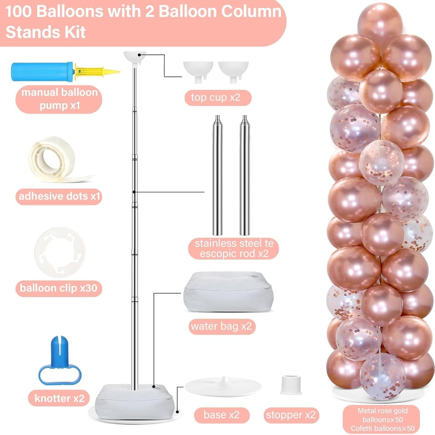 2 Set Black and Gold Balloons Column Stand Kit with 100 Balloons Adjustable Balloon Stand with Bases for Floor Black Gold Confetti Balloon Column Kit for Bridal Shower Valentine Birthday Party Decor
