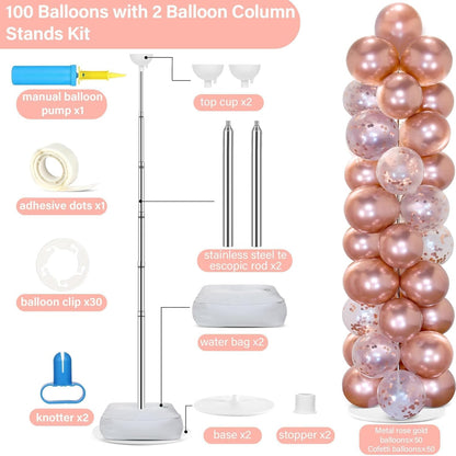2 Set Black and Gold Balloons Column Stand Kit with 100 Balloons Adjustable Balloon Stand with Bases for Floor Black Gold Confetti Balloon Column Kit for Bridal Shower Valentine Birthday Party Decor