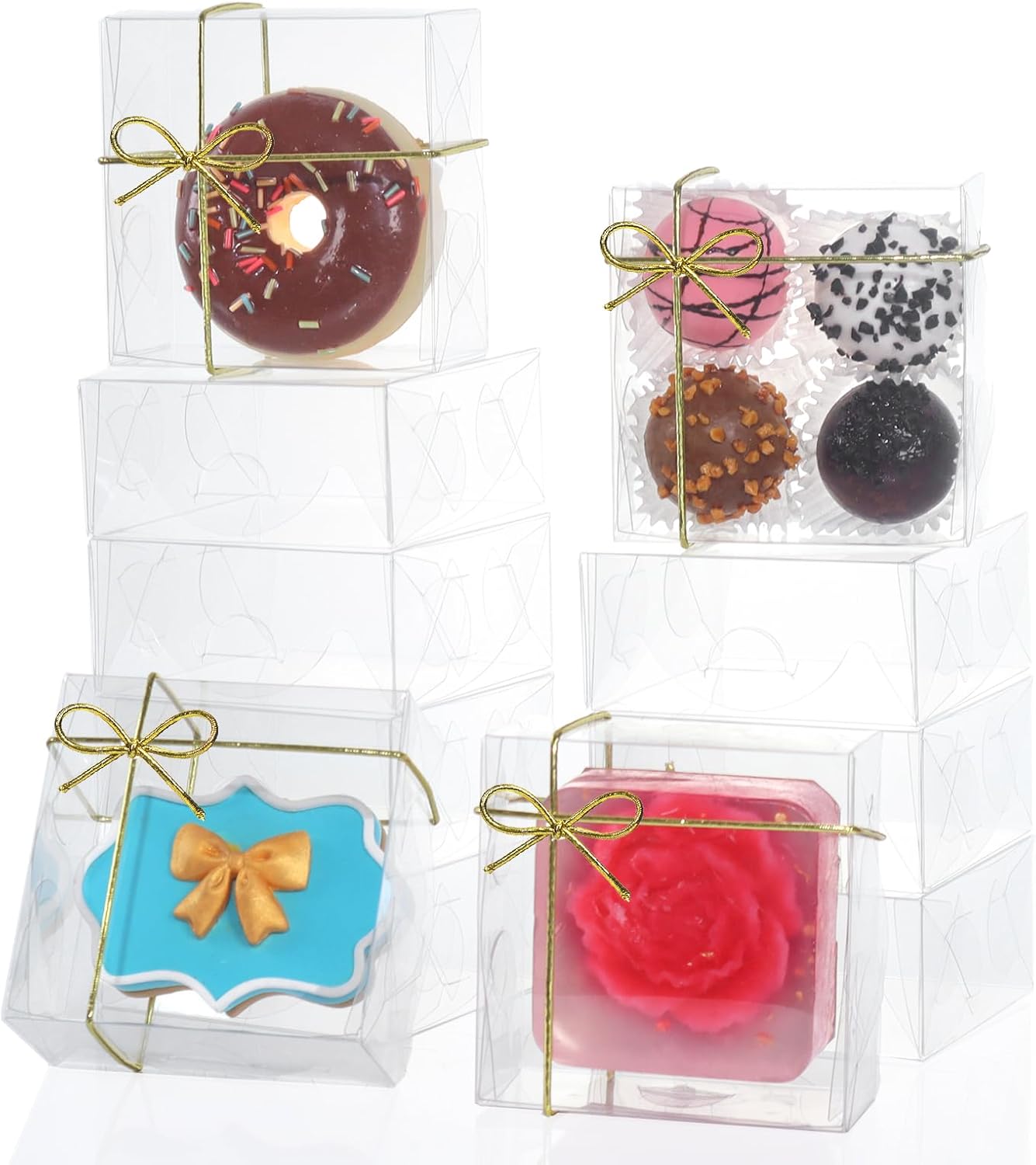 RomanticBaking 3 ¼" x 3 ¼" x 1 ½" 50PCS Chocolate Truffle Boxes for 4，Cookies Boxes Mini Bakery Boxes with Window for Brownie,Soap,Donut