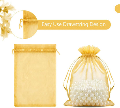 FUNFERY 100 Pcs White Organza Bags 3x4 in, Small Mesh Drawstring Gift Bags for Sachet, Jewelry, Wedding Favor, Candy Goodie Treat Bag,Easter Day