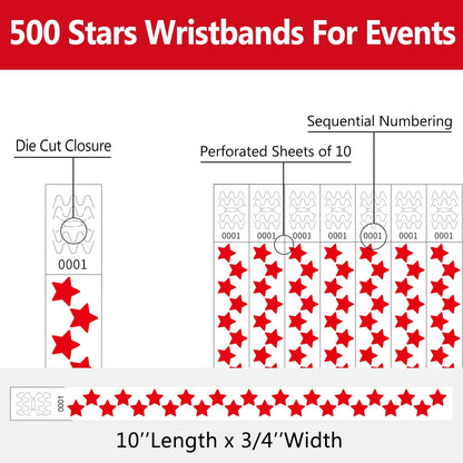 500 Pcs Stars Paper Wrist Bands for Events Waterproof Wristbands Lightweight Festival Identification Bracelets Neon Adhesive Event Arm Bands for Party（Red）