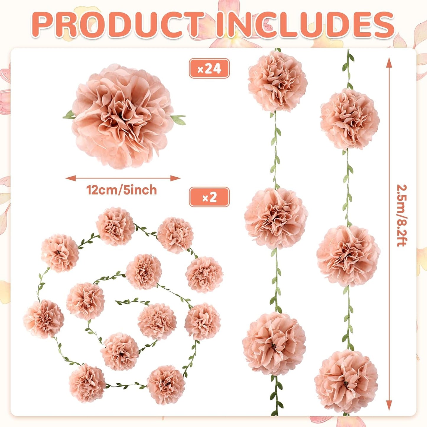 Yaoyinnz Nude Tissue Paper Pom Poms Garlands Boho Flower Pom Poms Garlands Kit Boho Paper Flowers Decorations Kit for Birthday Baby Shower Wedding Engagement Bridal Shower Festival Party Decorations