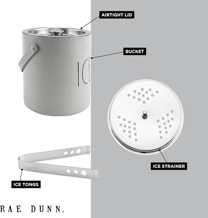 Rae Dunn Ice Bucket with Scoop - Stainless Steel Bucket with Handle, Lid and Ice Scooper - 4 Qt. Storage Bin for Ice Cubes for Bars, Parties, Backyard Barbeques, Picnics, and Camping (Sage)