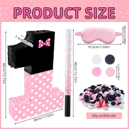 15.7 x 11.5 x 3 Inch Pink Bow Number 2 Pinata,Pink Bow Birthday Decorations, Fillable Hanging Piñata with Stick Blindfold Confetti for Girls Boys 2nd Anniversary Party Decorations