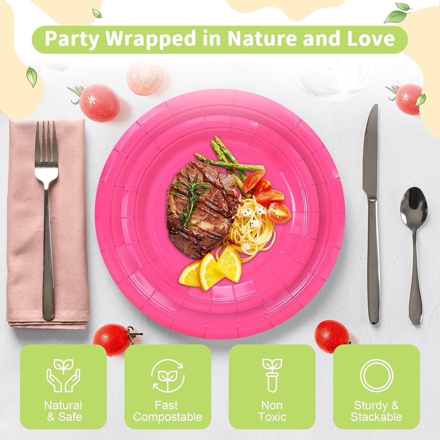 LANLISA 50 Pcs Pink Paper Plates Disposable, 25-9" & 25-7" Disposable Birthday Cake Dessert Plates For Valentines Day, Baby Shower, Easter Party, Mothers Day Party Supplies
