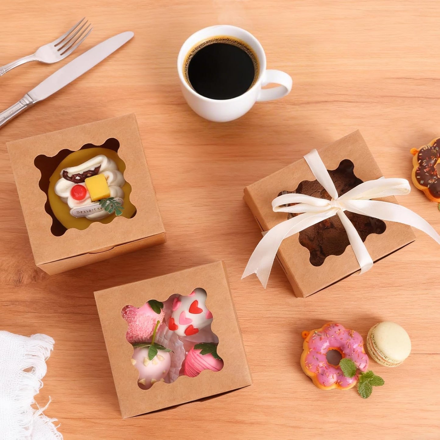 Moretoes 120pcs White Bakery Boxes, 4x4x2.5 Inch Cookie Boxes with Window for Small Cake, Treats, Donuts, Candy