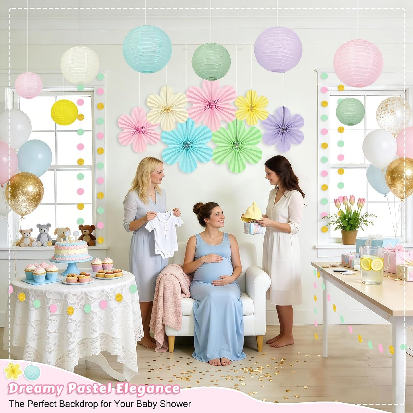 Spring Hanging Decorations - 20Pcs Pastel Party Decorations | Paper Lanterns & Flower Fans Set with Glitter Garland for Pastel Classroom Decor, Office, Baby Shower, Wedding & Easter Wall Decor