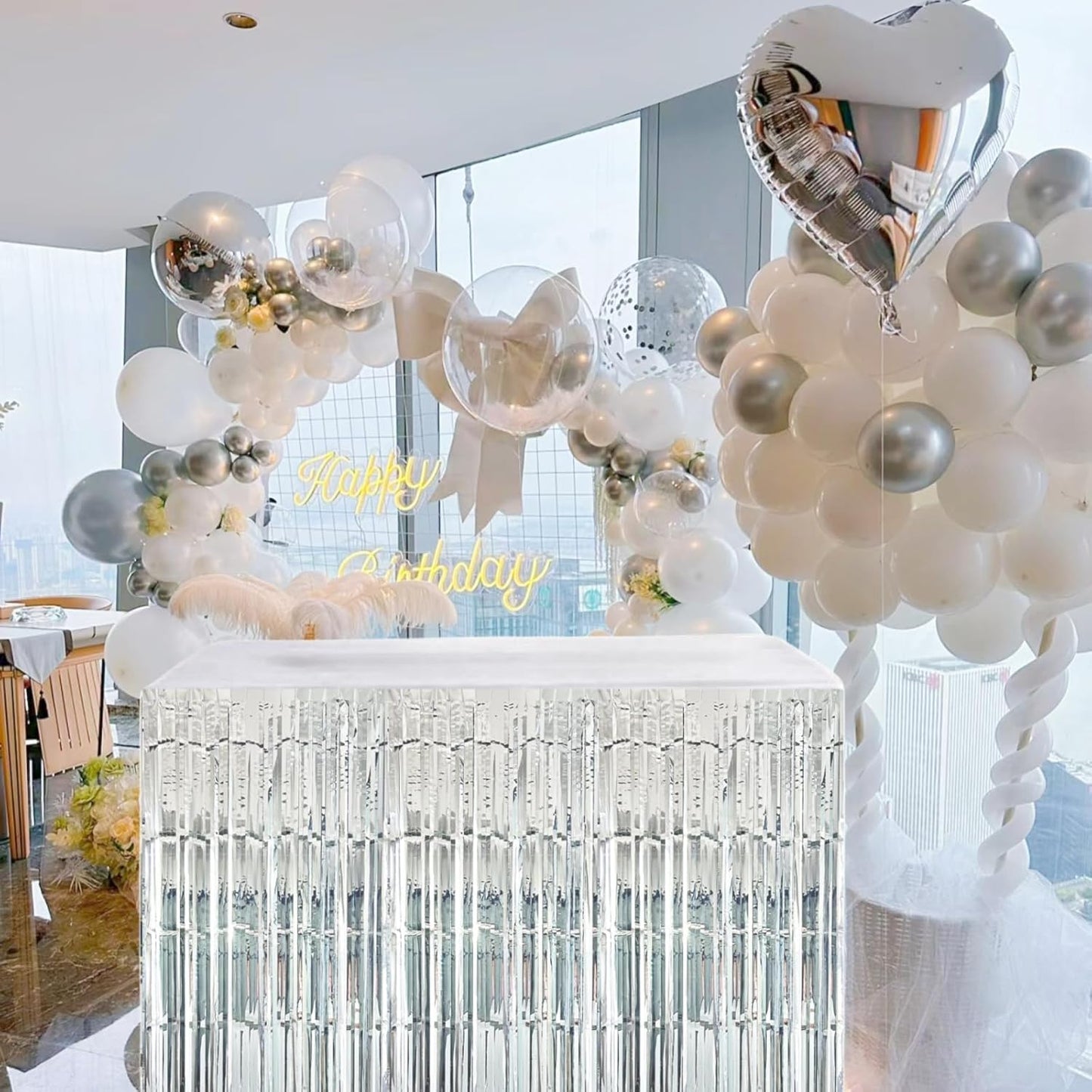 Blue Streamers Party Decorations, 2 Packs Blue Table Skirts Metallic Foil Fringe Tinsel for Birthday Under the Sea Boy Baby Shower Float Parade Mardi Gras Graduation Party Supplies -29x108Inch