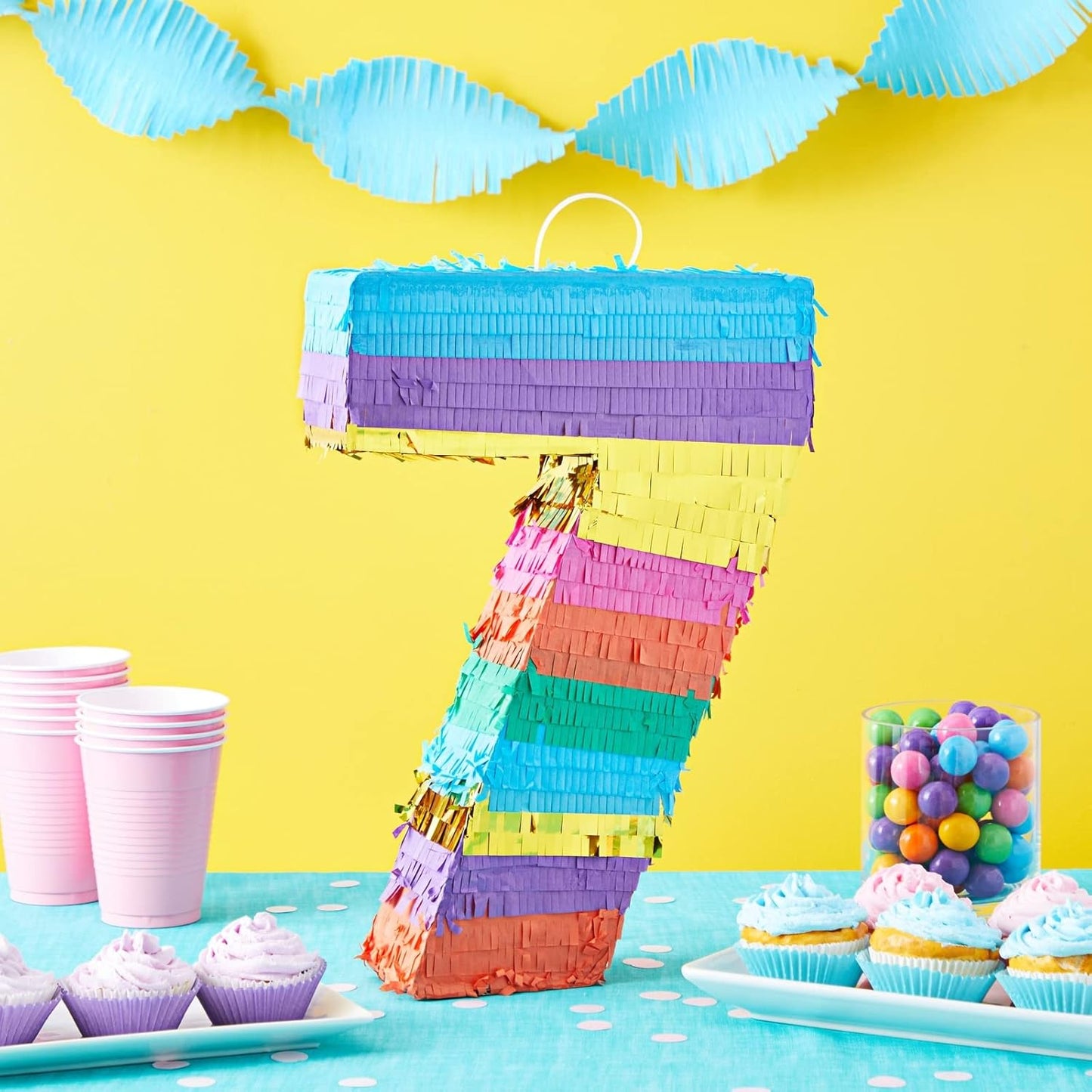 BLUE PANDA Rainbow Number 6 Pinata - Sturdy Corrugated Build & Easy Hang for Fiesta Party - Candy Filled 6th Birthday Party Surprise - Vibrant Tie-Dye Items for Kids - Small (16.5x11x3 In), Blue/White
