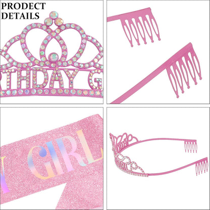 Chanaco Happy Birthday Crown and Sash Kit for Women and Girls - Rhinestone Tiara and Sashes with 'BIRTHDAY GIRL' Sash for Party Favors