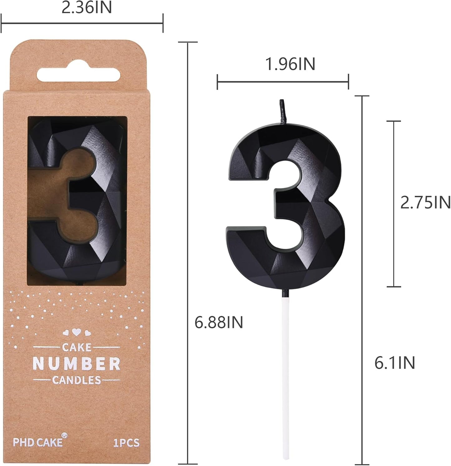 PHD CAKE 2.76 Inch Crystal Black 9 Number Birthday Candles, Black Number Candles, Cake Number Candles, Party Celebration