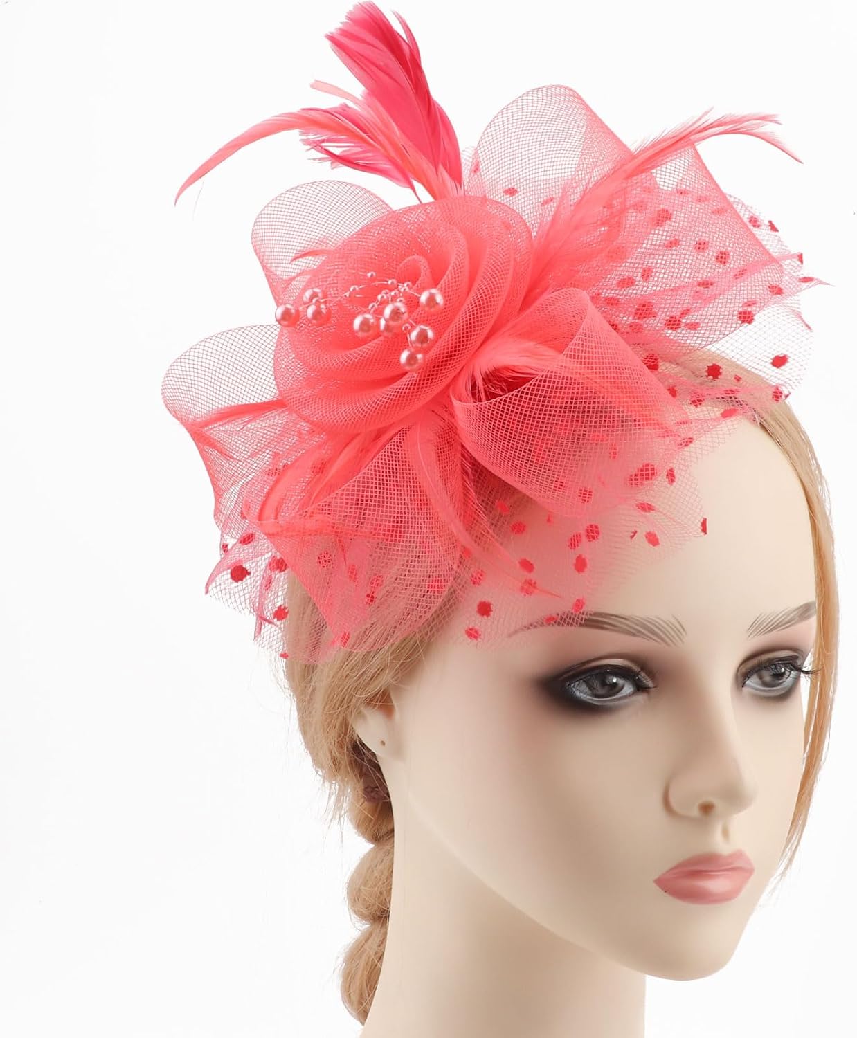 DRESHOW Fascinators Hat Flower Mesh Ribbons Feathers on a Headband and a Clip Tea Party Headwear for Girls and Women - Colors B