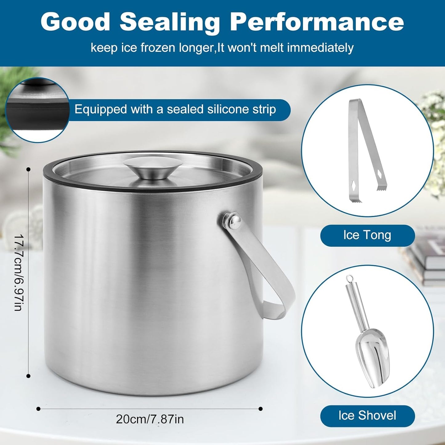 Portable Ice Buckets for Parties,3 Liter Double Wall Ice Bucket with Lid,Scoop,Tongs,Handle,Stainless Steel Ice Container to Keep Ice Frozen Longer- Ideal for Cocktail Bar,Camping,Chilling Beer/Wine