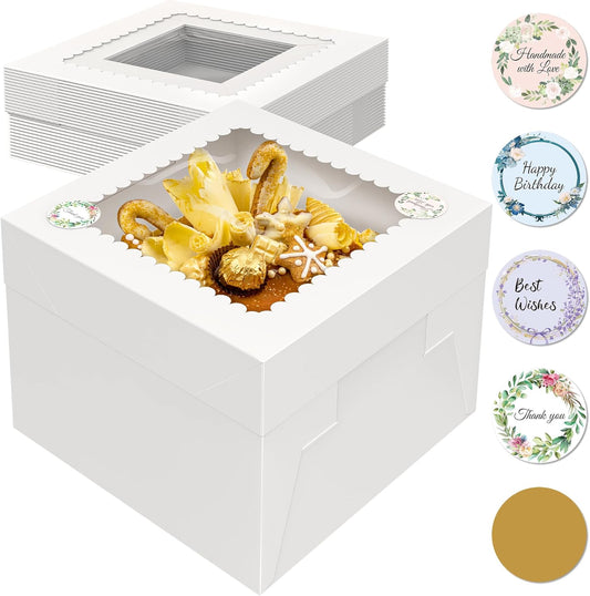 TLAZZ 15 Pcs 10x10x8 Inch Tall Cake Boxes with Window, White Square Cheesecake Bakery Boxes, Large Cardboard Cake Baking Boxes with 90 Stickers for Cakes, Pies, Wedding, Birthday Party