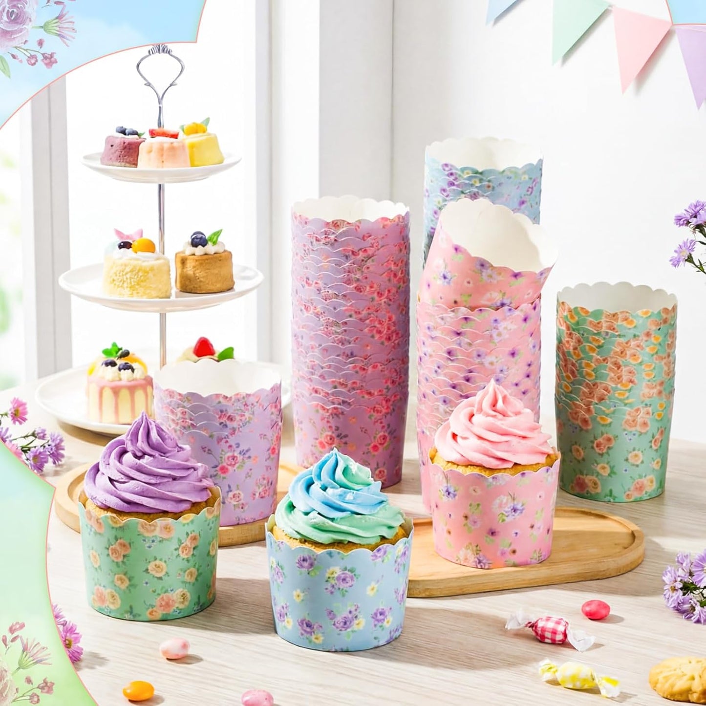 Qinyoung 120 Pcs Wildflower Cupcake Liner 4 Design Flower Paper Muffin Liner Scalloped Disposable Floral Baking Cup, Tea Party Baby/Bridal Shower Decoration for Spring Wedding Birthday Party Supplies