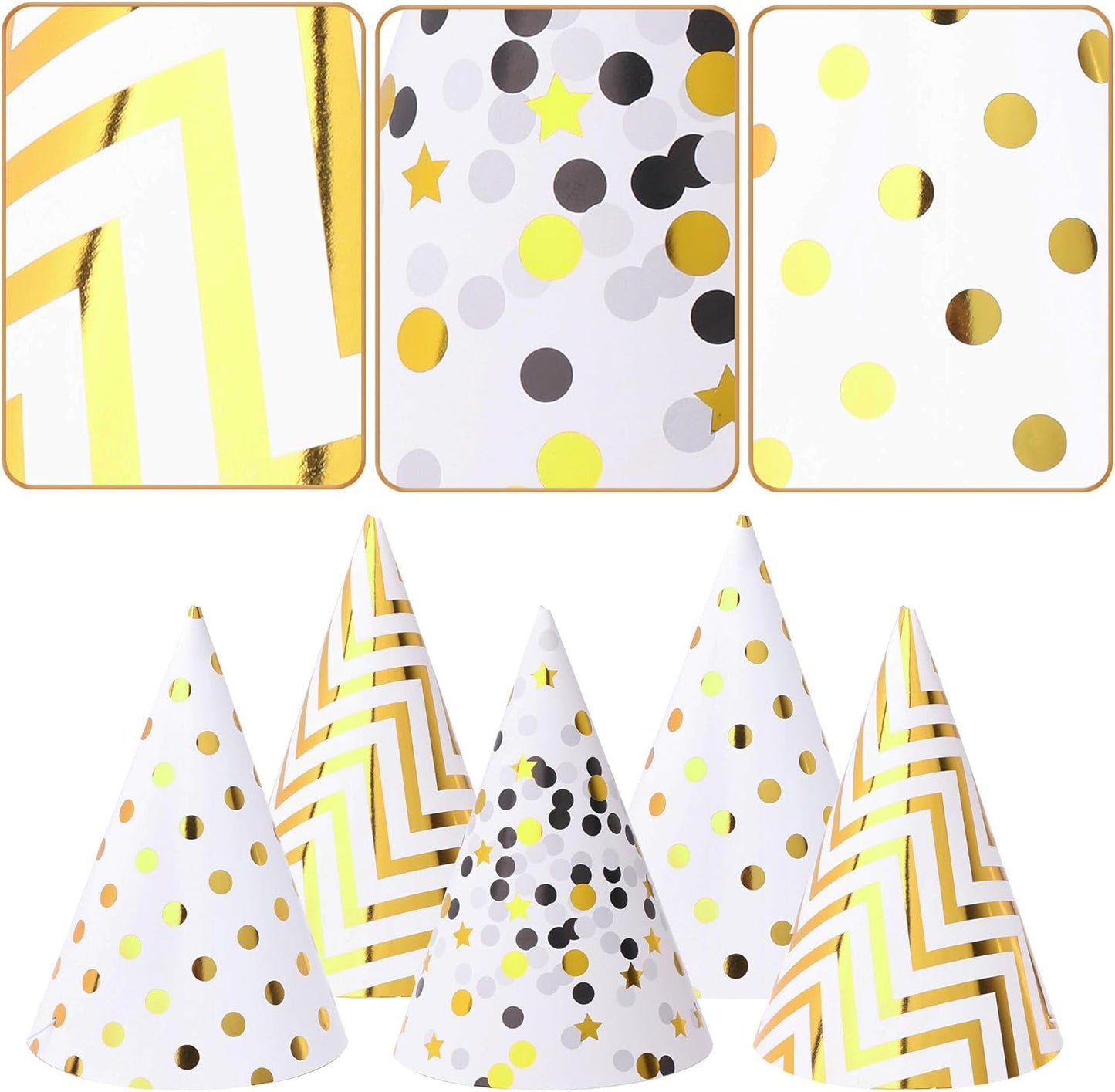 Boieo Party Hats Birthday Cone Set Gold Polka Dot Striped Paper for Adults Kids Happy Birthday Party Decorations 12 Pcs
