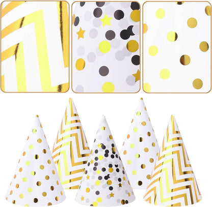Boieo Party Hats Birthday Cone Set Gold Polka Dot Striped Paper for Adults Kids Happy Birthday Party Decorations 12 Pcs
