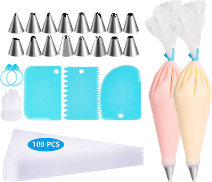 Piping Bags and Tips Set, 100pcs Pastry Bags Cakes Decorating Supplies Kit, 3 Cake Scraper, 2 Couplers, 16 Piping Tips, 2 Bag Ties (12 INCH)