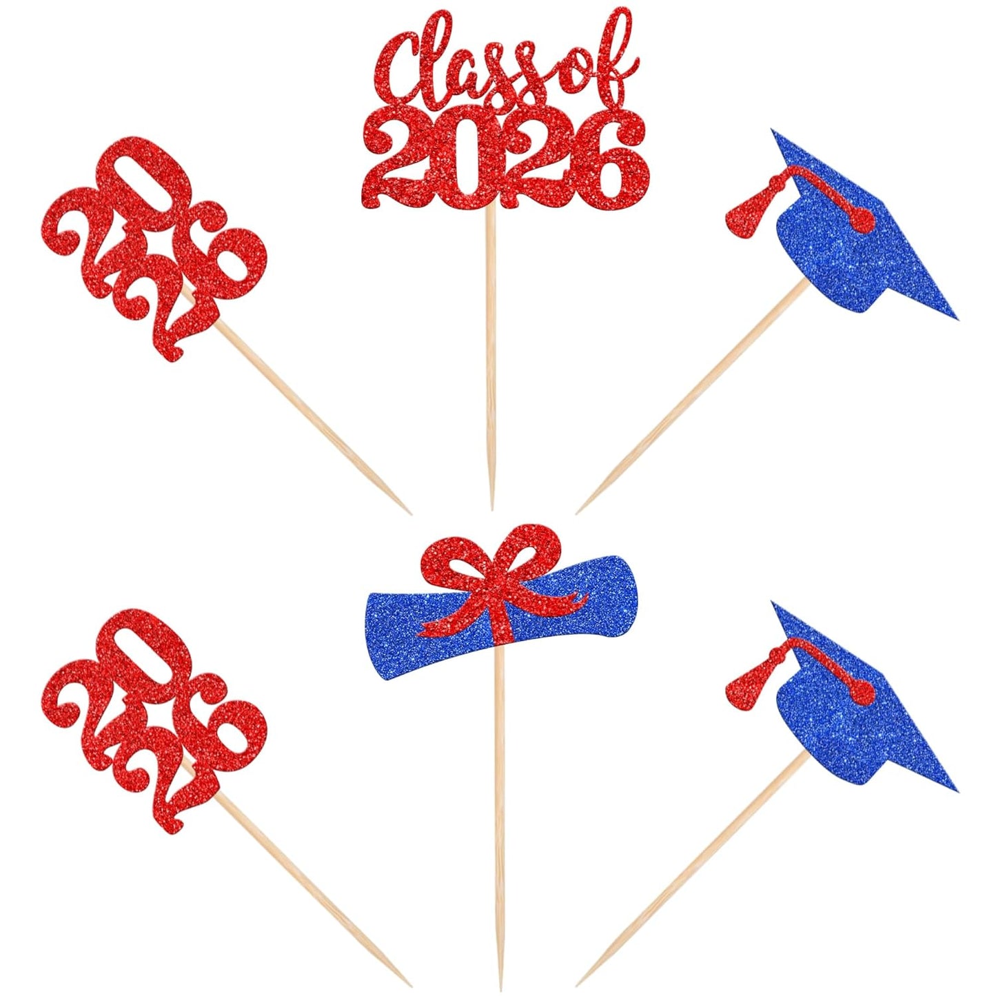 36 PCS 2026 Graduation Theme Cupcake Toppers Glitter Class of 2026 Grad Cap Diploma Cupcake Picks 2026 Graduation Theme Party Cake Decorations Supplies Deep Blue