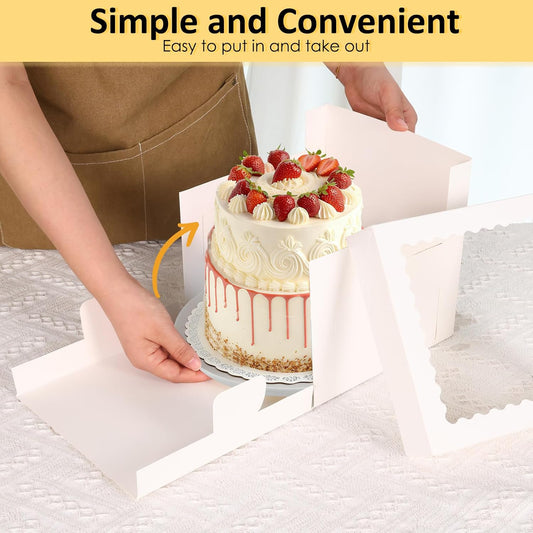 Moretoes 5 Pack Cake Boxes 8 Inch, Bakery Containers with Large Window, 8 Inch White Cake Carrier, Disposable Boxes for Halloween Birthday, Party, Cupcake Cookie Pie Pastry (8x8x8 Inches)