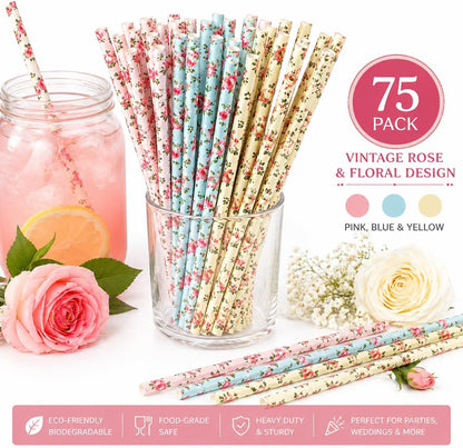 75-Pack Eco-Friendly Biodegradable Paper Straws - Vintage Rose & Floral Design in Pink, Blue, Yellow - Disposable Straws for Parties By JPACO