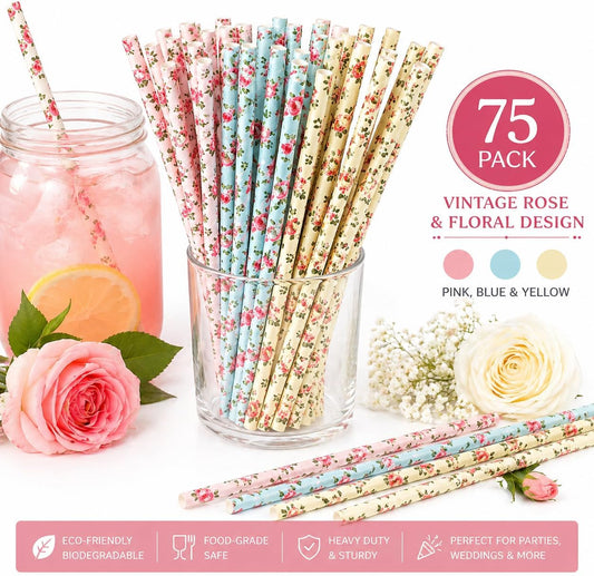 75-Pack Eco-Friendly Biodegradable Paper Straws - Vintage Rose & Floral Design in Pink, Blue, Yellow - Disposable Straws for Parties By JPACO