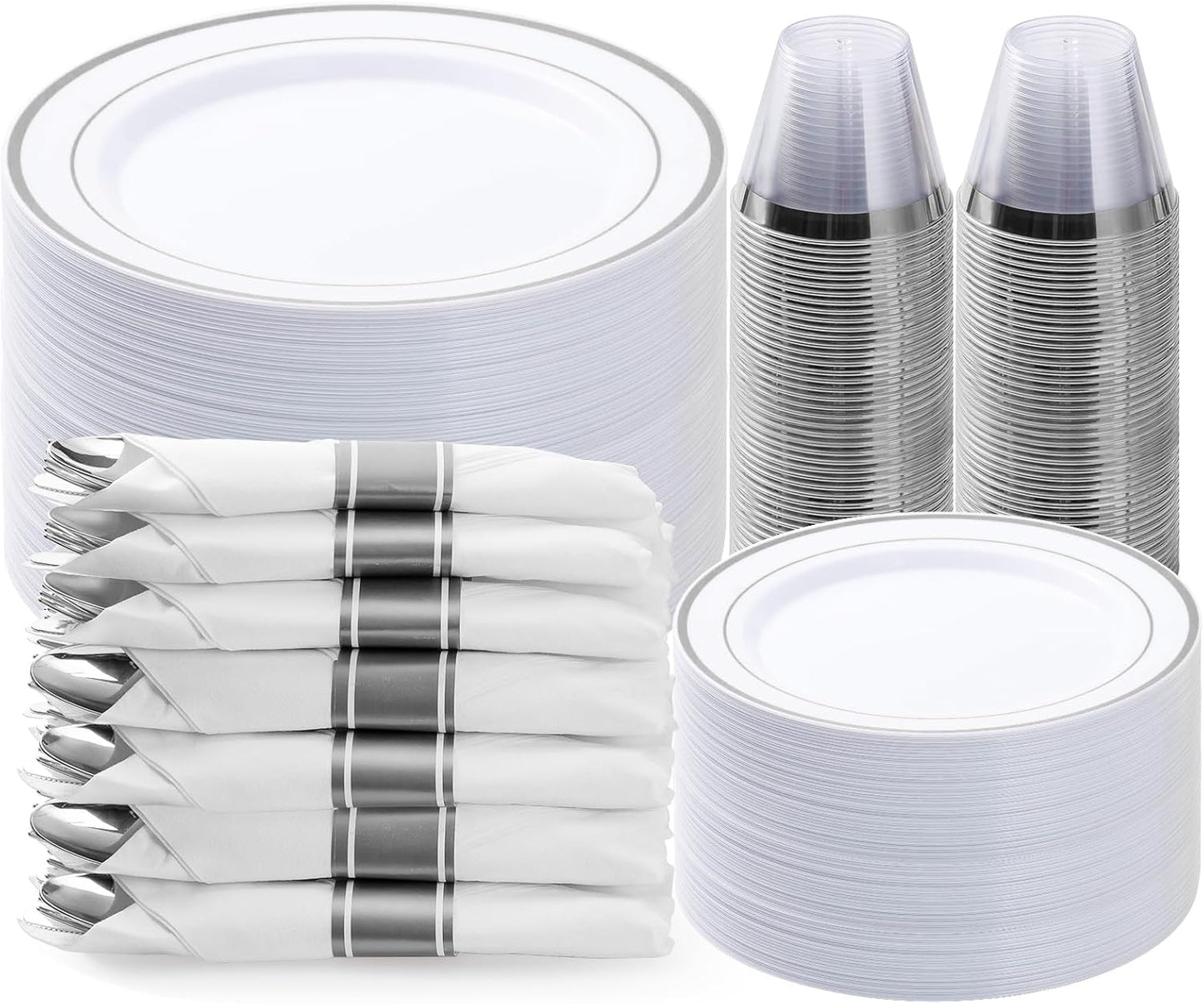 BESTVIP 350PCS Gold Plastic Dinnerware Set, Disposable Party Plates for 50 Guests, Include: 100 Plastic Plates, 50 Pre Rolled Napkins with Gold Silverware, 50 Cups
