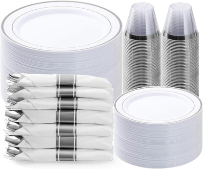 BESTVIP 350PCS Gold Plastic Dinnerware Set, Disposable Party Plates for 50 Guests, Include: 100 Plastic Plates, 50 Pre Rolled Napkins with Gold Silverware, 50 Cups