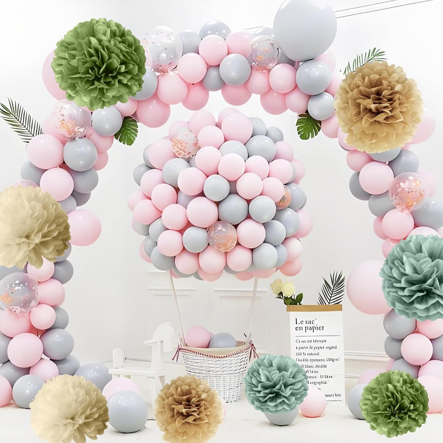 Yucenora 12 PCS Boho Paper Pom Poms, Sage Green Cream Tissue Paper Flowers Decorations Wall Hanging for Wedding, Birthday, Bridal Shower Decor(Sage Green)