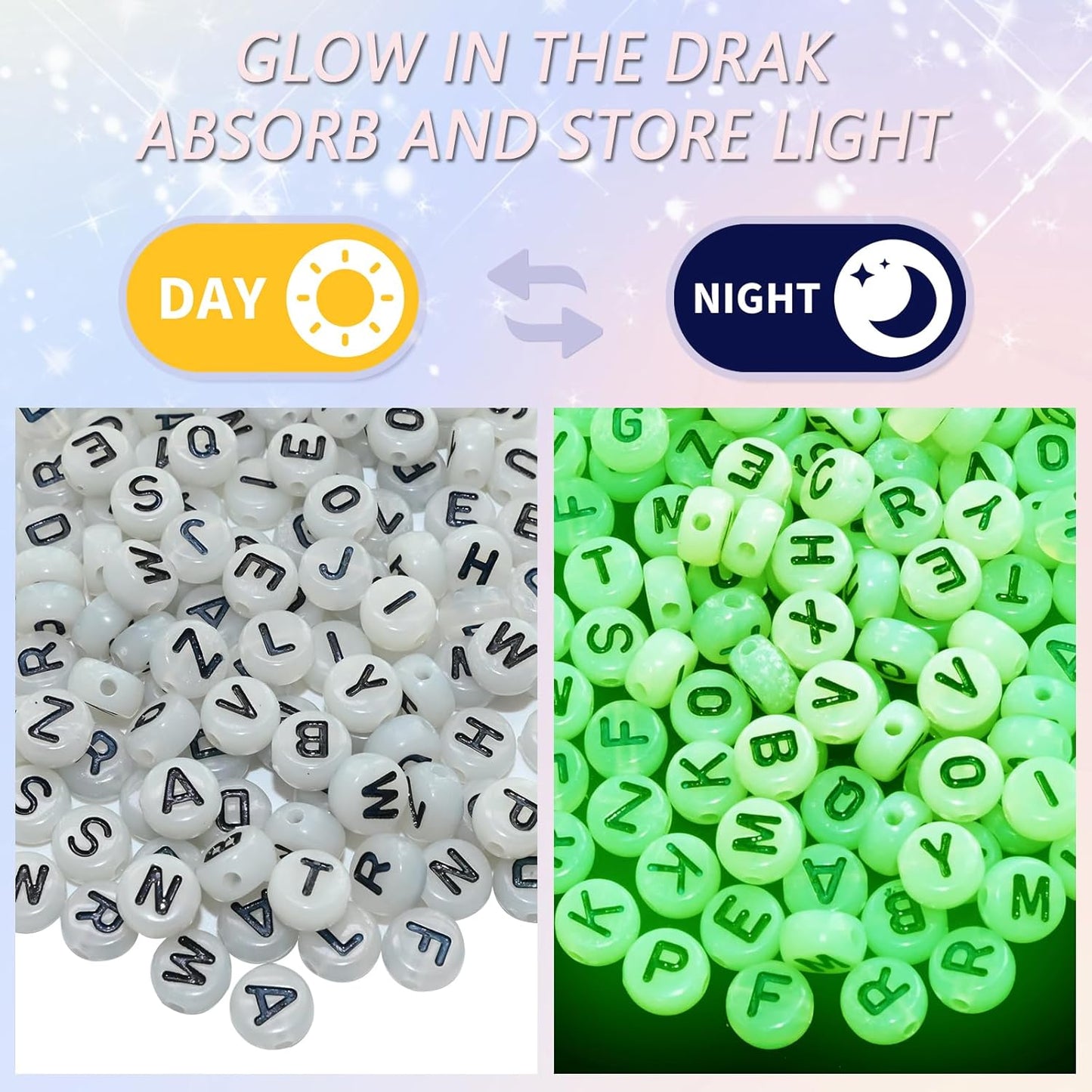 Amaney 1400pcs Glow Letter Beads, Heart Beads Whit Elastic Beading Cord,4x7mm Round Acrylic Alphabet Beads for Friend Bracelet Jewelry Making