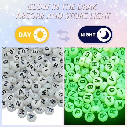 Amaney 1400pcs Glow Letter Beads, Heart Beads Whit Elastic Beading Cord,4x7mm Round Acrylic Alphabet Beads for Friend Bracelet Jewelry Making