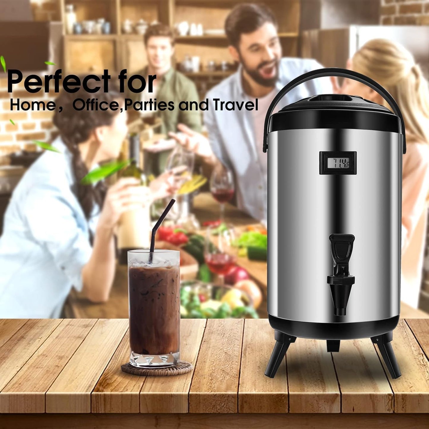 Hot Beverage Dispenser, Stainless Steel Insulated Beverage Dispenser Cold and Hot Drink dispenser with Thermometer– 12 Liters Water Dispenser with Spigot