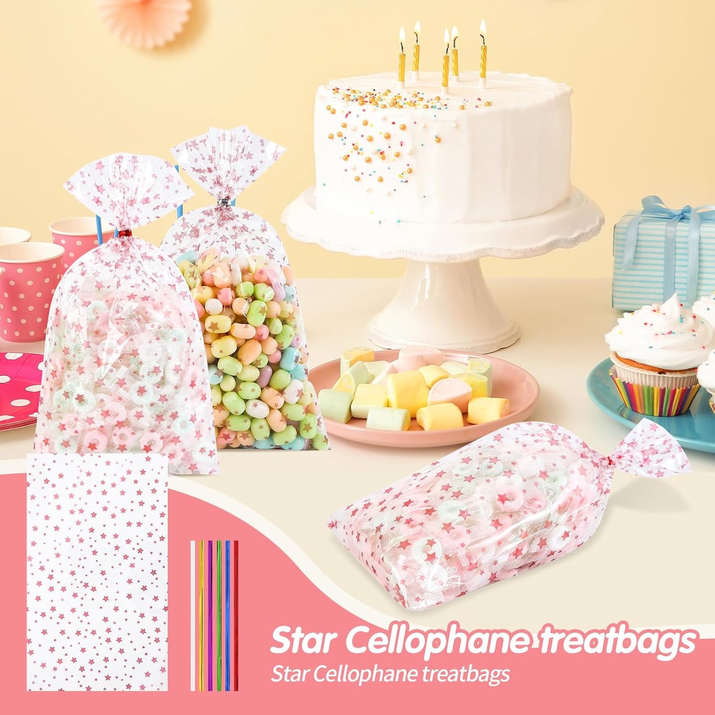 100 Pcs Star Printed 5"X 7" Gift Wrap Cello Cellophane Treat Bags Party Favor bags Clear Candy Cookie Bag Plastic Poly Goodie Storage Bag with Twist Ties for Bakery,Birthday, Wedding ,Party Decorations (Gold)