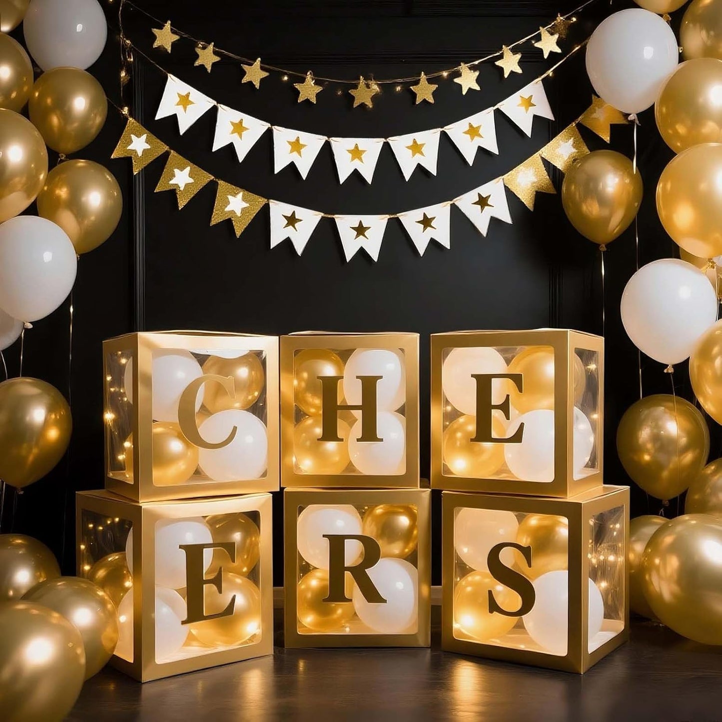 Ledido Transparent Balloon Boxes, Clear Balloon Boxes with 5 Pcs String Lights and 78 Letters for Baby Shower Gender Reveal 2026 New Year Grad Party Birthday Anniversary Bridal Decor - 5 White Boxes
