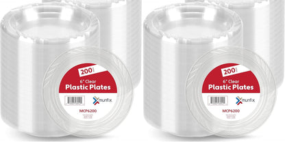 Munfix 200 Clear Plastic Plates Set - 6 Inch Disposable Dessert Plates, Bulk Pack for Party BBQ, Picnic, Parties, Travel and Events, Microwavable Recyclable