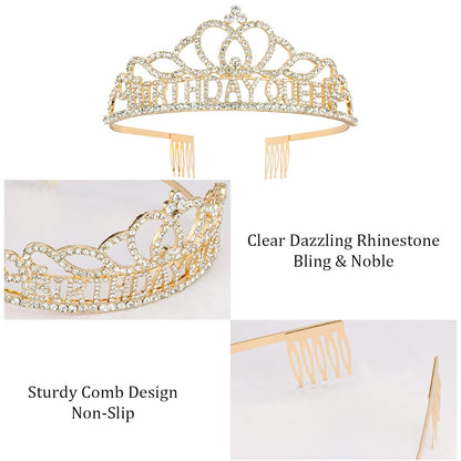 CAVETEE Gold Birthday Crowns and Sash - Queen Tiara for Party Decorations
