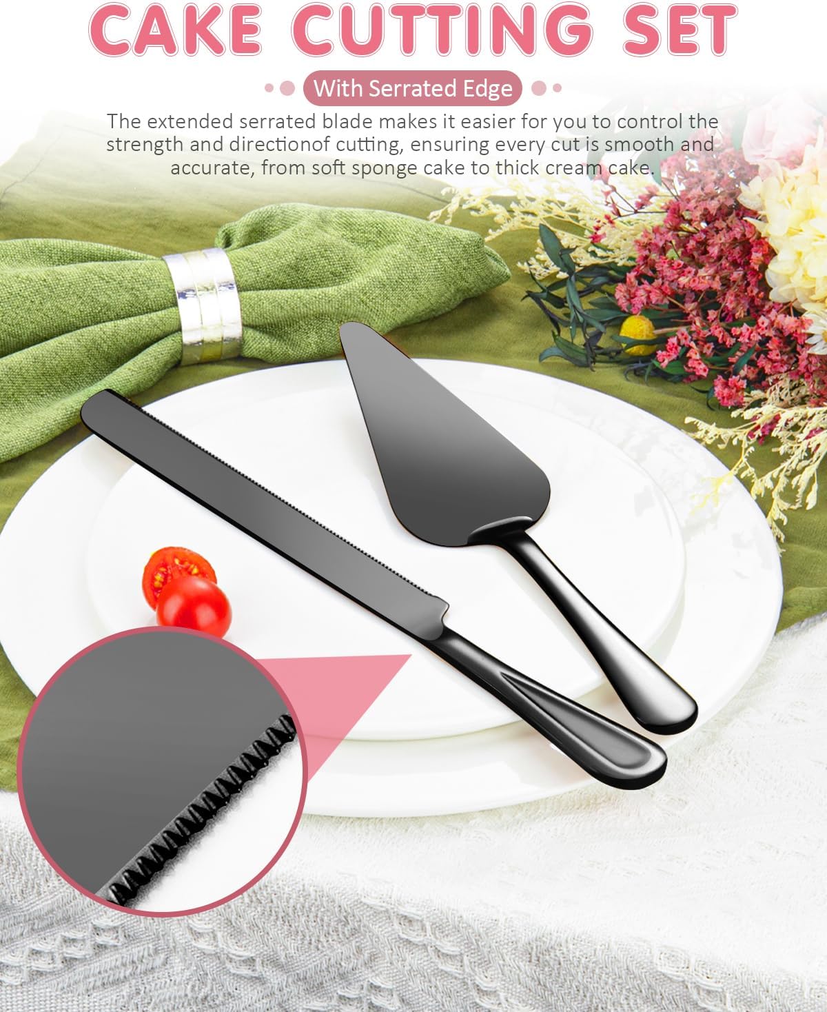 13-Inch Premium Cake Cutting Set for wedding，Exquisite Cake Knife and Server Set with Serrated Design, Ideal for Pastries, Pies, and Desserts (Silver)