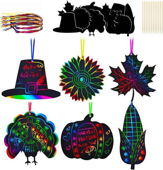 Chris.W 60Sets Thanksgiving Crafts, Pumpkin Maple Leaf Turkey Craft Corn Rainbow Scratch Paper Magic Craft Art Kit Thanksgiving Classroom Preschool Activities Party Favors