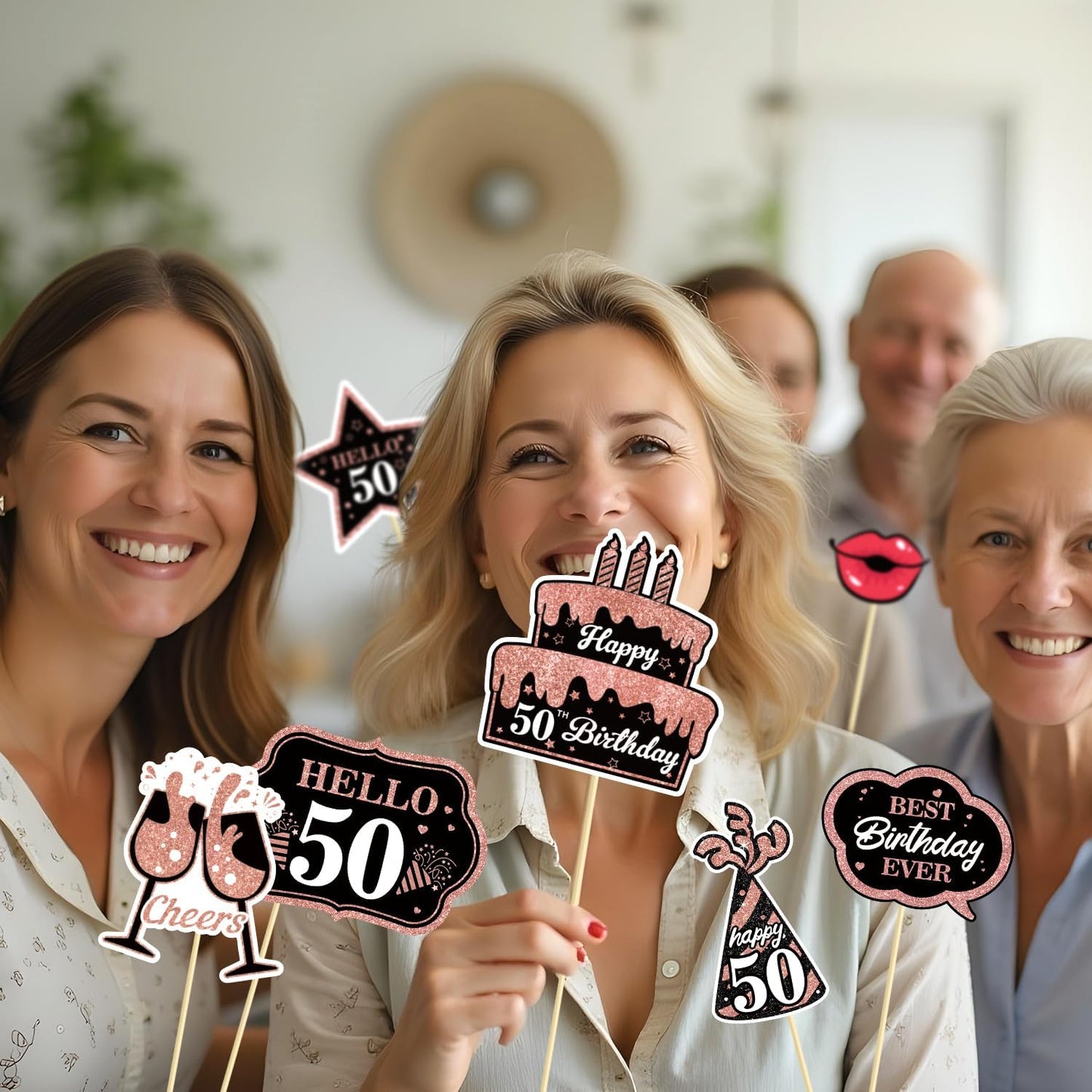50th Birthday Decorations for Women Photo Booth Props, 25 Pcs 50th Birthday Decorations for Her Selfie Props Kit Black Rose Gold Happy Fifty Birthday Decorations Photo Booth Props