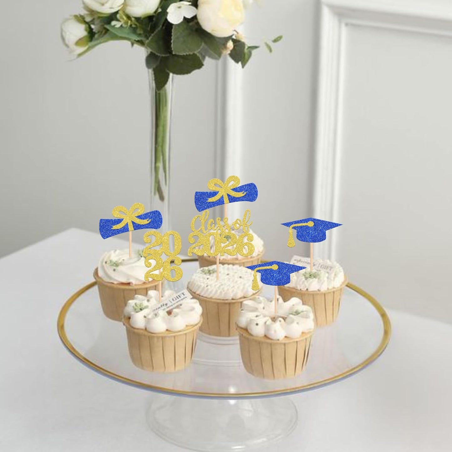 36 PCS 2026 Graduation Theme Cupcake Toppers Glitter Class of 2026 Grad Cap Diploma Cupcake Picks 2026 Graduation Theme Party Cake Decorations Supplies Deep Blue