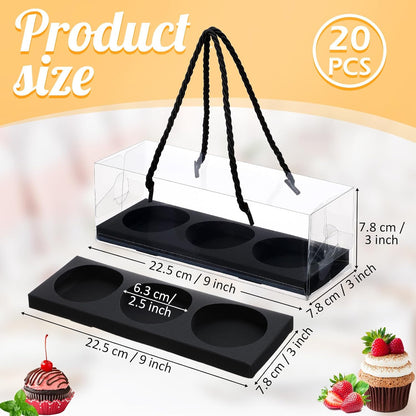 Thenshop 20 Pcs 9 x 3 x 3 Inch Clear Cupcake Boxes with Handle and Inserts 3 Count Portable Pastry Packaging for Cupcakes Carrier Muffin Bakery Containers Mothers Day Wedding Party(Brown)