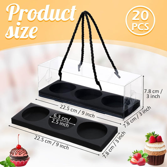 Thenshop 20 Pcs 9 x 3 x 3 Inch Clear Cupcake Boxes with Handle and Inserts 3 Count Portable Pastry Packaging for Cupcakes Carrier Muffin Bakery Containers Mothers Day Wedding Party(Brown)