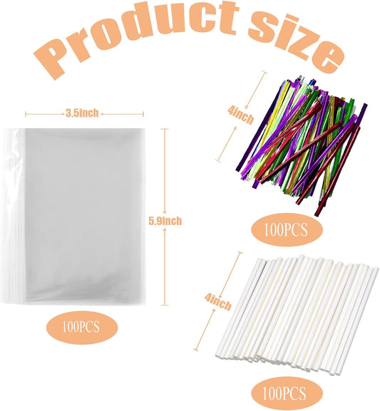 300 PCS Cake Pop Sticks and Wrappers Kit, Including 100ct 4-inch Papery Lollipop Treat Sticks, 100ct Clear Parcel Bags, 100ct Colorful Twist Ties for Cake Pops, Chocolates and Cookies