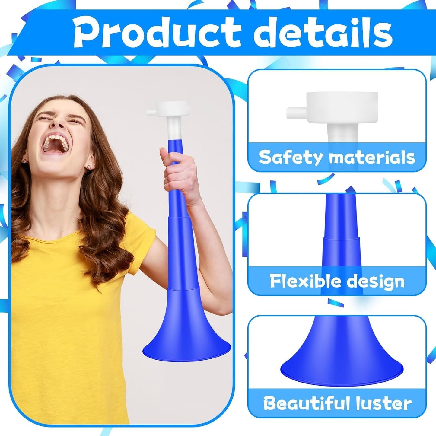 Denylo pro Collapsible Stadium Horn 24 Inch Vuvuzela Plastic Trumpet Horn Blue Blow Horn Loud Sound Soccer Horn Noisemakers for Sporting Events Graduation Party Supplies