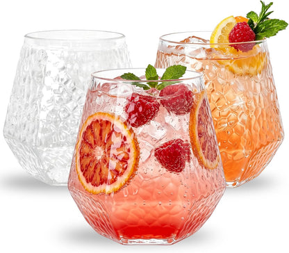 Ciaell 30 Pack Pink Plastic Ribbed Wine Glasses, 12 OZ Origami Stemless Disposable Wine Champagne Whiskey Glasses Unbreakable Clear Plastic Cocktail Glasses, Wine Cups for Party Wedding
