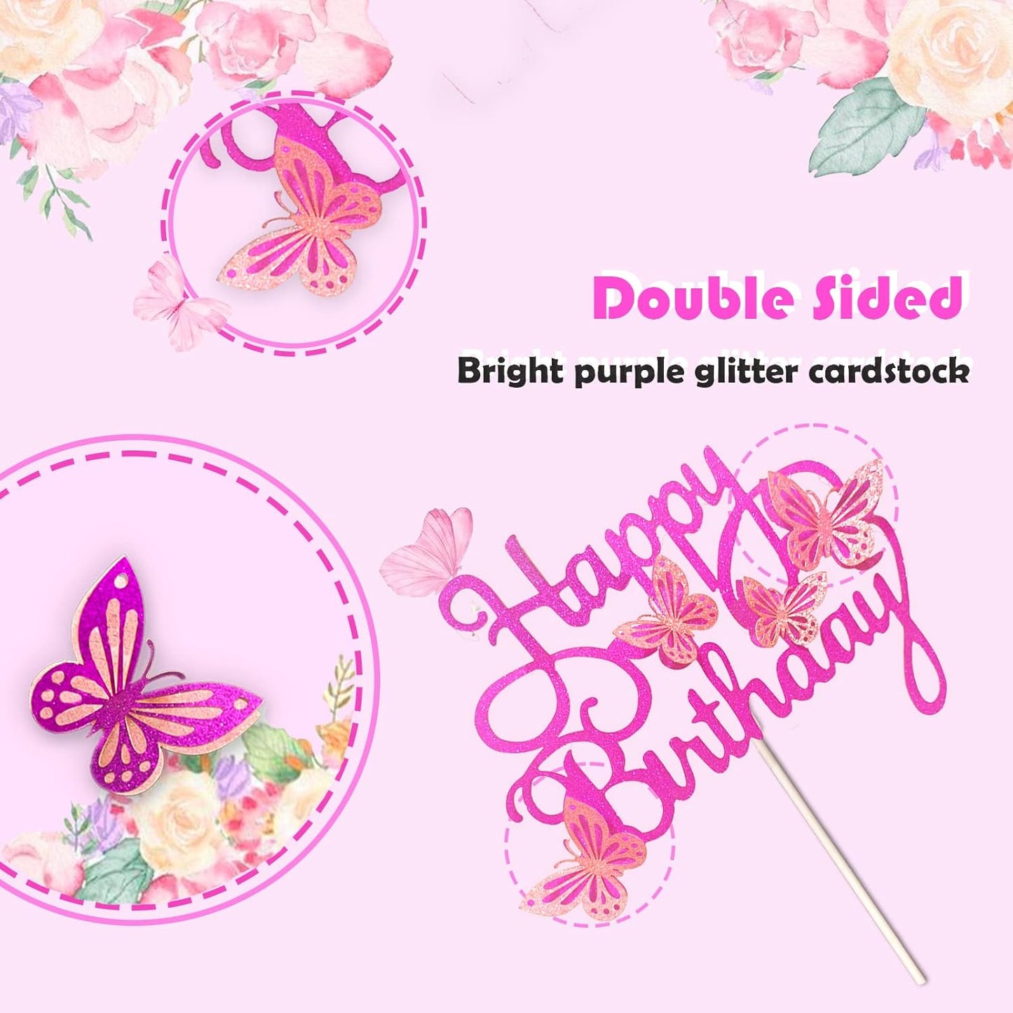 13-Pieces 3D Butterfly Cupcake Topper for Girls Women's Happy Birthday Cake Decorations Party Decorations(Pink)