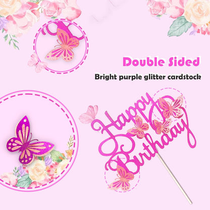 13-Pieces 3D Butterfly Cupcake Topper for Girls Women's Happy Birthday Cake Decorations Party Decorations(Pink)
