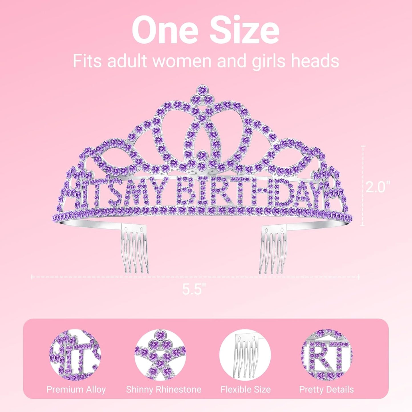 Birthday Tiara and Crown with Sash, Birthday Tiara for Women Party Silver