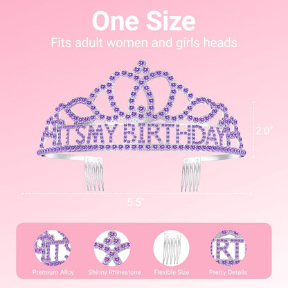Birthday Tiara and Crown with Sash, Birthday Tiara for Women Party Silver