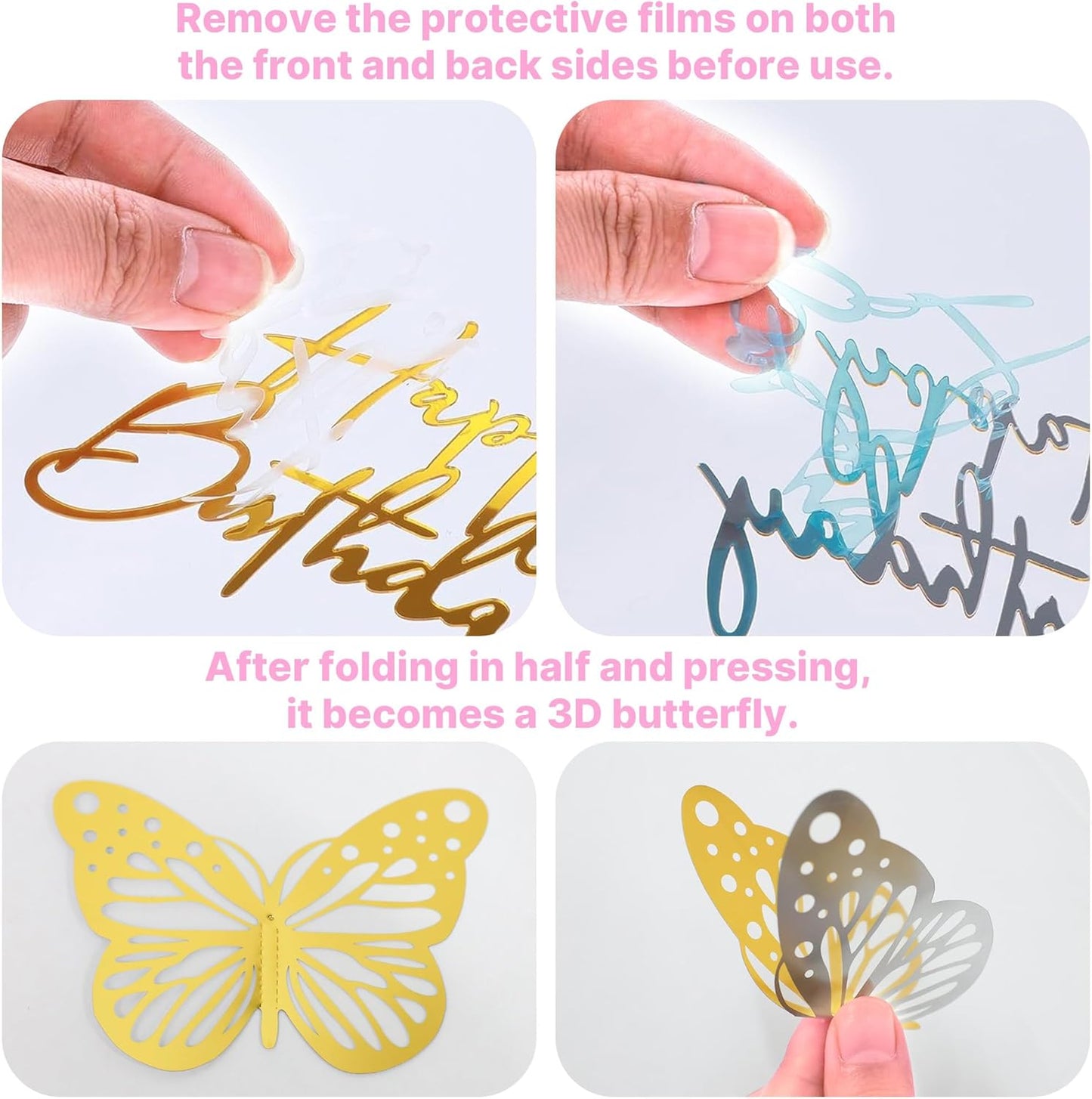 Crown Cake Topper, Balls Happy Birthday Cake Topper Pink Crown Birthday Candles Gold Butterflies, Corona Para Pastel, Cake Decorations for Birthday Wedding (Gold, Pink)